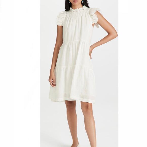 Sea Waverly Mini Dress Size 0 White Tier Flutter Sleeve Cotton Spring Summer - Picture 2 of 15
